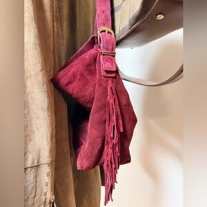 Haute Hippie Fringe Suede Hobo Deep Wine Burgundy